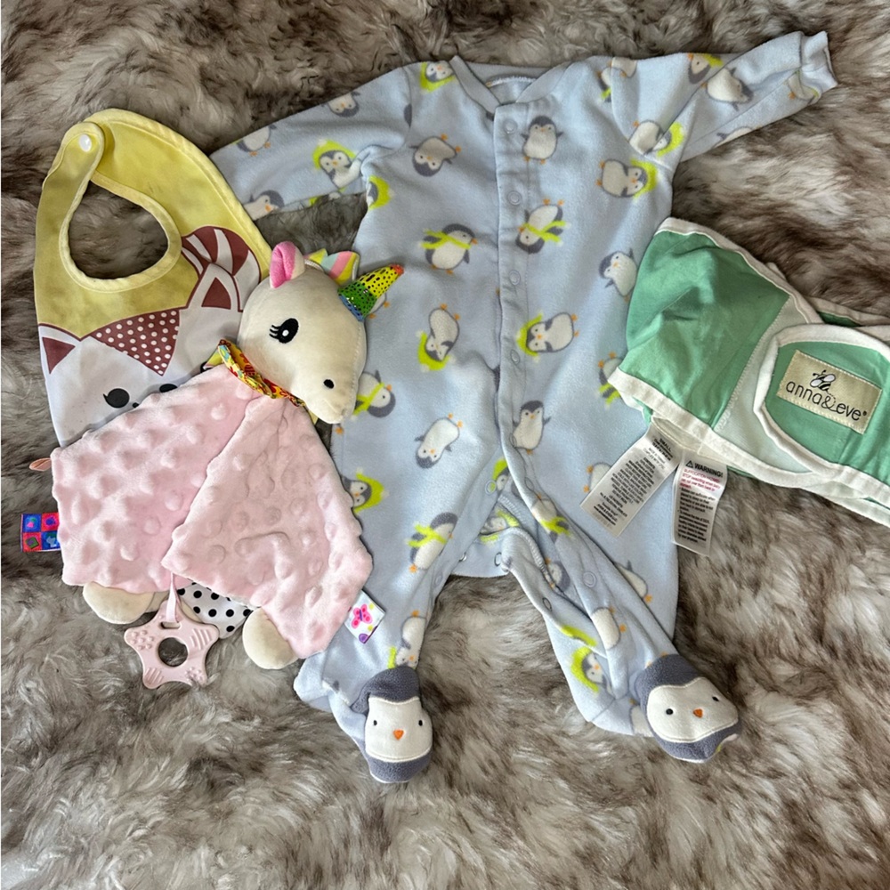 Baby Bundle: Penguin Footed Pajamas, Lovey Unicorn Blanket, Bib & More!